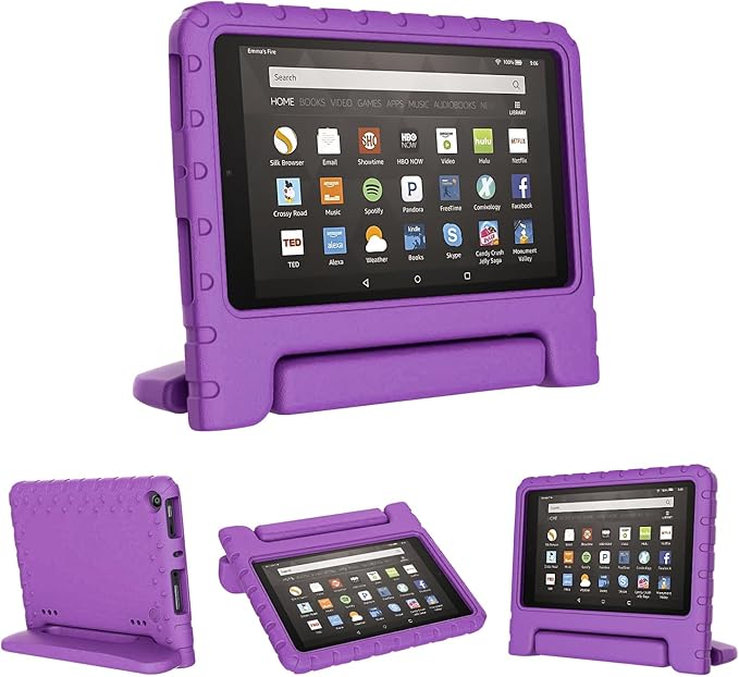 Kids Case for Kindle Fire HD 8 Tablet 8th/7th/6th Generation (2018/2017/2016 Release) Soft Flexible Lightweight Shockproof Durable with Handle Stand Purple