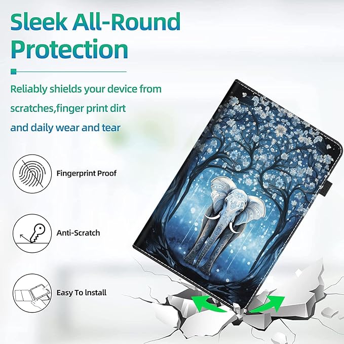 Case for All-New Amazon Kindle Fire HD 10 and Fire HD 10 Plus Tablet (13th/11th Generation 2023/2021 Release) 10.1 Slim Folding Stand Cover with Auto Wake/Sleep Blue Elephant Tree