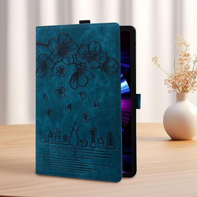 Case for Samsung Galaxy Tab S10 FE+/S10 FE Plus 13.1 Inch 2025 (SM-X620/SM-X626B) with Pencil Holder/Pockets Folio Stand Embossed Cherry Blossom PU Leather Magnetic Wallet Cover Blue Cat