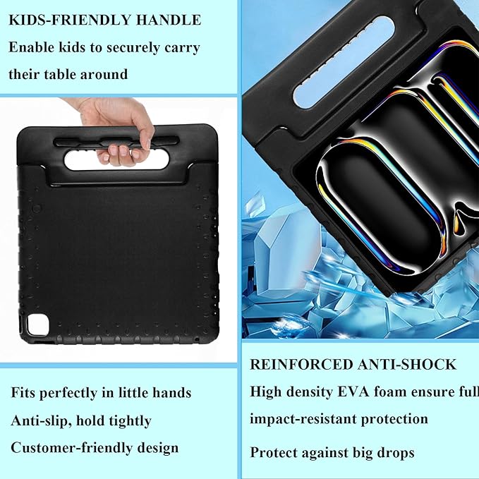 Kids Case for iPad Pro 13 inch M5/M4 (2025/2024) with Pencil Holder/Convertible Handle Stand Shockproof Slim Lightweight Cute Soft EVA Heavy Duty Rugged Kickstand Cover for Children Black