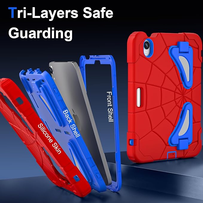 Kids Case for iPad mini 7 A17 Pro 2024/ Mini 6 8.3 inch Spider Case for iPad mini 7th 6th Generation Shockproof Durable Full Protective Cover with Pencil Holder Kickstand (Red+Blue)