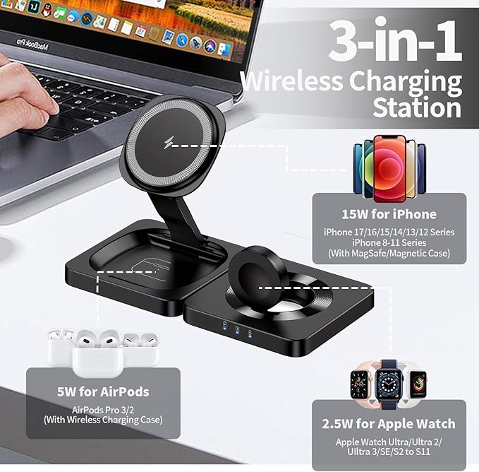 3-in-1 Foldable Wireless Charging Station Compatible with iPhone 17/16/15/14/13/12 Apple Watch AirPods Magnetic Fast Charging Stand Travel Charger