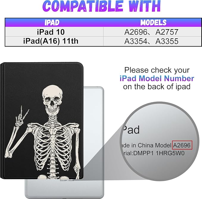 for iPad 10th Generation Case 10.9 Inch for iPad 11th(A16) 2025 Cute Boys Women Folio Cover Pencil Holder Skeleten Skull Horror Cool Design Funny Fun Teen Unique Tablet Cases for Apple 10/11