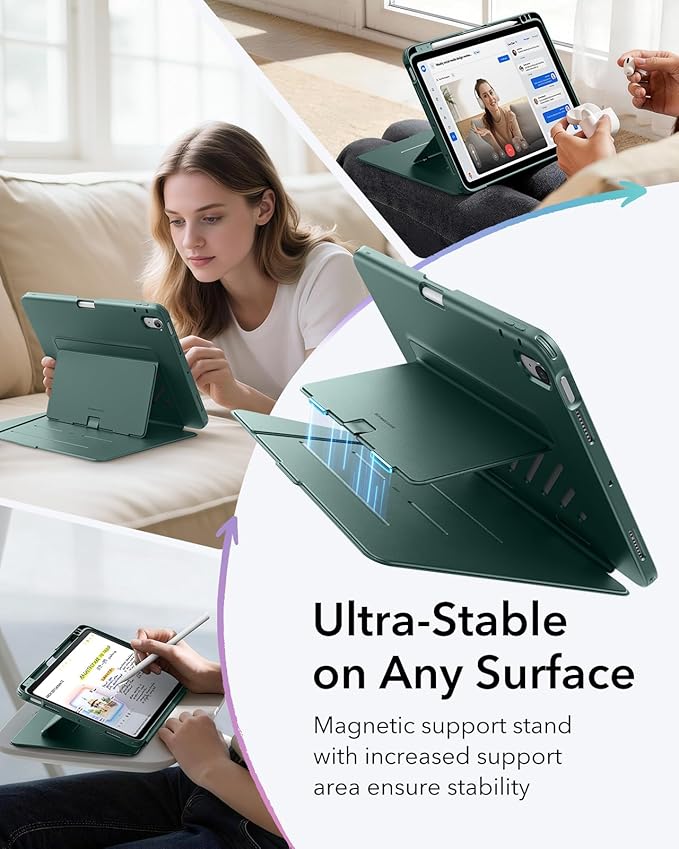 ESR for iPad Air 11 Inch Case M4/M3/M2 (2026/2025/2024) iPad Air 5th/4th Gen Case (2022/2020) Vertical Stand Cover Multi Stand Angles Ultra-Stable Cover with Pencil Holder Flip Series Green