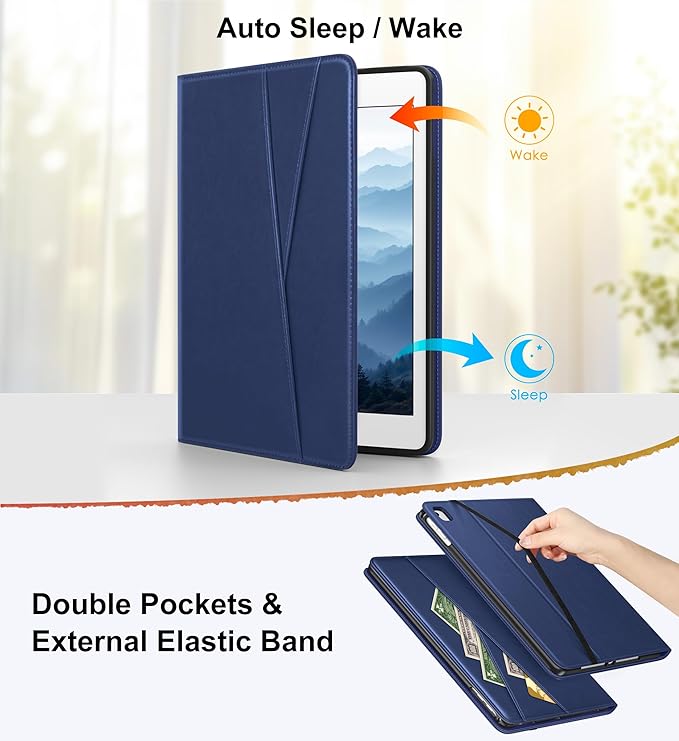 DTTO for iPad 6th / 5th Generation 9.7 Inch (2018/2017) iPad Air 2 / Air 1 Case 360 Degree Rotating Premium Leather Folio Stand Cover with Pencil Holder Navy Blue