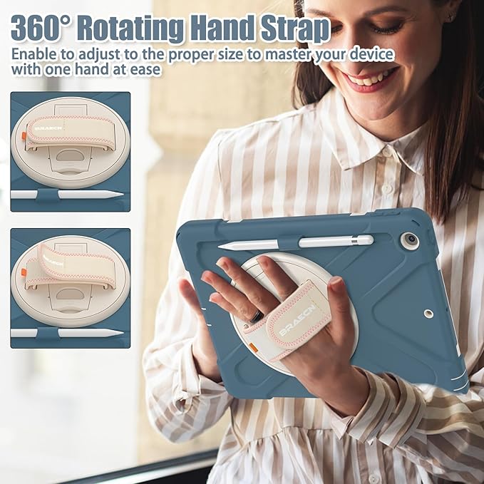 BRAECNstock for Apple iPad 9th/ 8th/ 7th Generation Case 10.2 inch 2021/2020/ 2019 Shockproof Protective Case with Screen Protector Pencil Holder Rotating Hand Strap+Stand Cornflower Blue