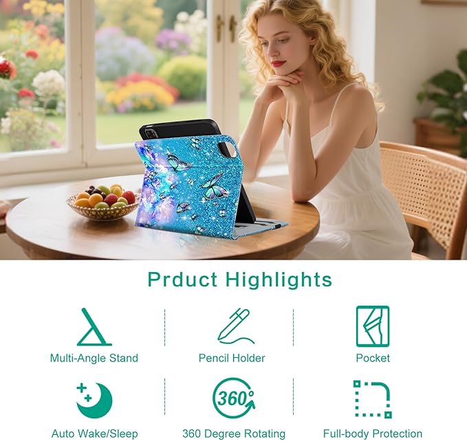 Rotating iPad Air 11-Inch Case M4/M3/M2 Case for iPad Air 5th/4th Generation 10.9 Inch360 Swivel Multi-Angle Adjustable Stand Pencil Holder/Pocket/Hand Strap iPad Pro 11-inch case Flowers Butterfly