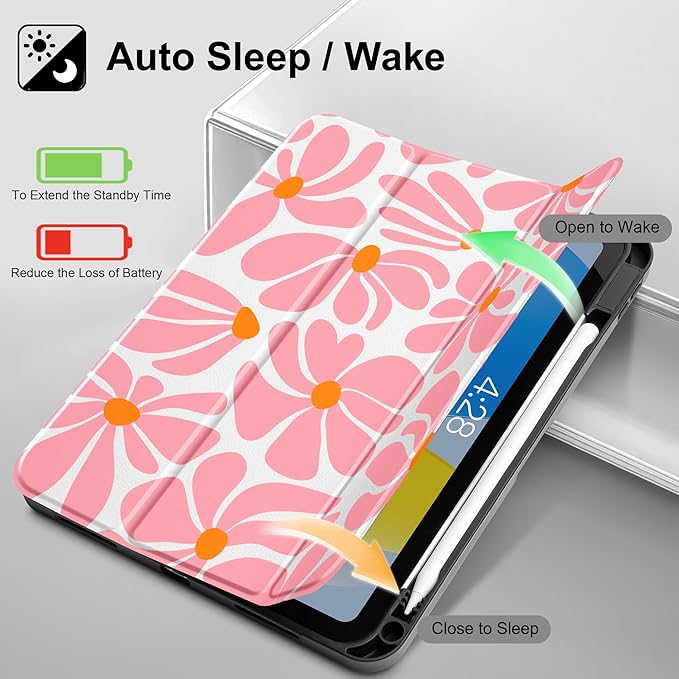 May Chen for iPad (A16) 11th Generation Case 11 Inch 2025 iPad 10th Gen Case 2022 10.9 inch Trifold Stand with Auto Wake/Sleep Soft TPU Protective Stand Back Cover Groovy Flower