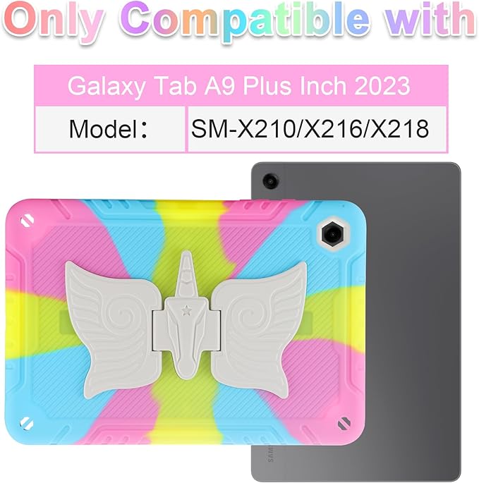 for Samsung Galaxy Tab A9 Plus Case for Samsung Tablet 11 inch Cover with Tempered Glass Screen Protector Shoulder Strap Shockproof for Galaxy Tab A9 Plus Tablet Case Kids Girls Colourful Unicorn