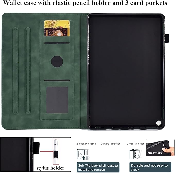 Folio Case for Amazon Kindle Fire HD 8/Fire HD 8 Plus (12th/10th Generation 2024/2022/2020) 8 with Stand/Pencil Holder [Auto Sleep/Wake] Embossed PU Leather Smart Cover Green Butterfly Flower