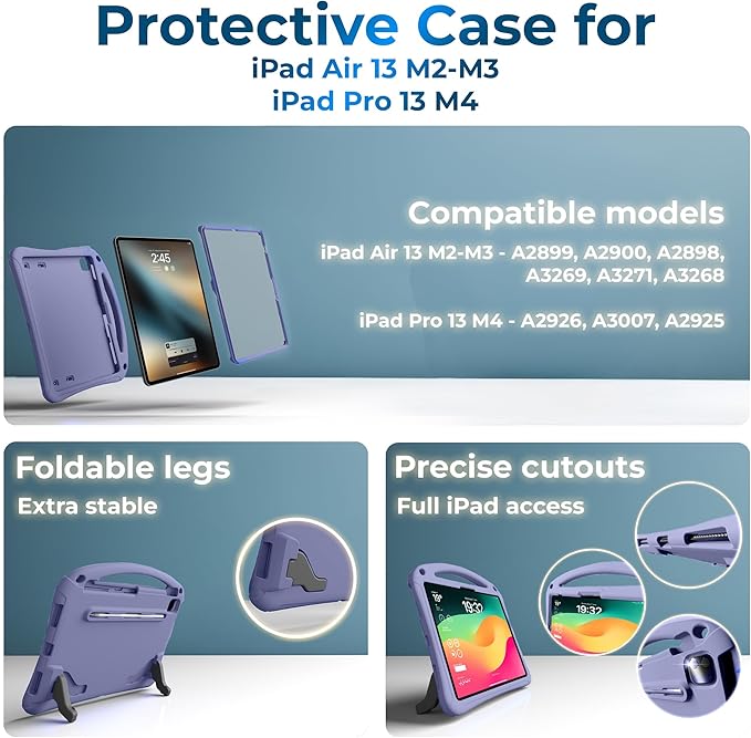 Bam Bino Space Suit Rugged Kids Case for Apple iPad Pro 13 M4 iPad Air 13 M2/M3 (2024/2025) Case for Kids with Built-in Screen Protector Handle Stand Pencil Holder Shoulder Strap (Nebula Violet)