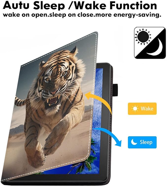 Case for Amazon Kindle Fire 7 Tablet (7 9th/7th Generation 2019/2017 Release) Slim PU Leather Cover with Card Slot &amp Auto Wake/Sleep Tiger
