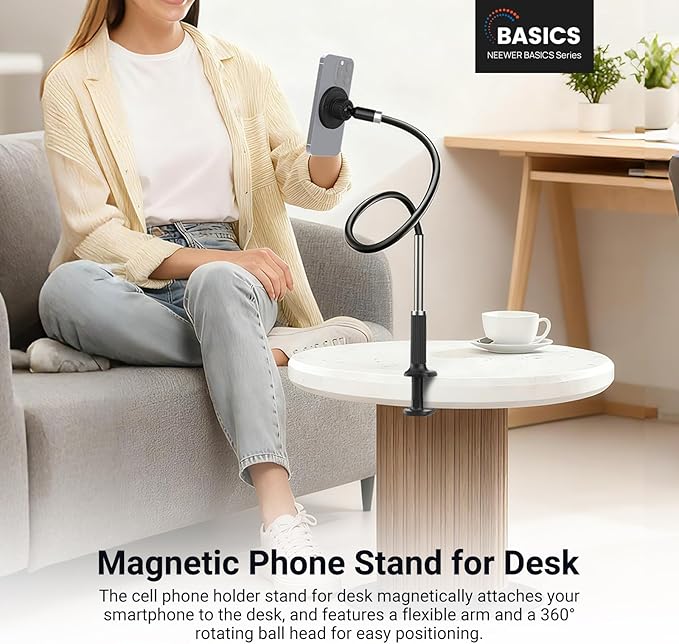 NEEWER Basics Magnetic Phone Stand for Desk 360° Overhead Table Cellphone Holder Clamp Mount with Flexible Arm Compatible with MagSafe iPhone Android Samsung for Bed Video Recording PA151 Black