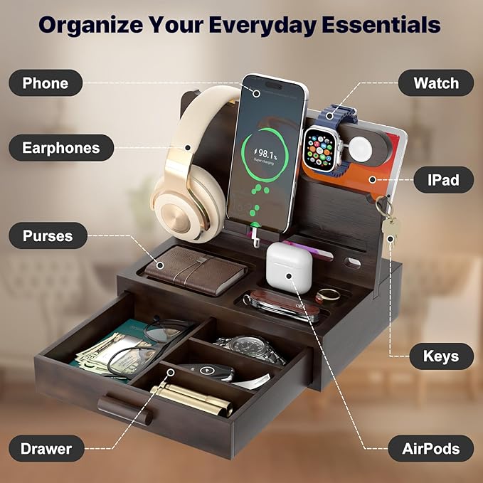 Phone Docking Station for Men: Desk or Nightstand Organizer with Drawer Birthday Gifts for Husband Dad BoyfriendHim Wooden Charging Station for Phone Watch Key Holder Wallet (Reddish Brown)