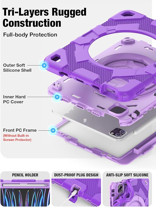 SCSVPN Kids Case for iPad Air 5th/4th Generation 10.9-inch 2022/2020 &amp iPad Pro 11'' 4th/3rd/2nd/1st Gen 2022 2021 2020 2018 Protection Case with Pencil Holder Stand Handle Shoulder Strap Purp