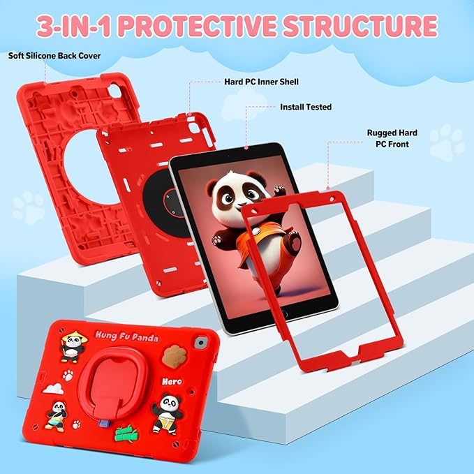 Case for iPad 9th/8th/7th Generation iPad 10.2 Inch 2021/2020/2019 Funny Cartoon Silicone 3D Panda Design Kids Case Heavy Duty Protection with Stand/Pencil Holder/Shoulder Strap