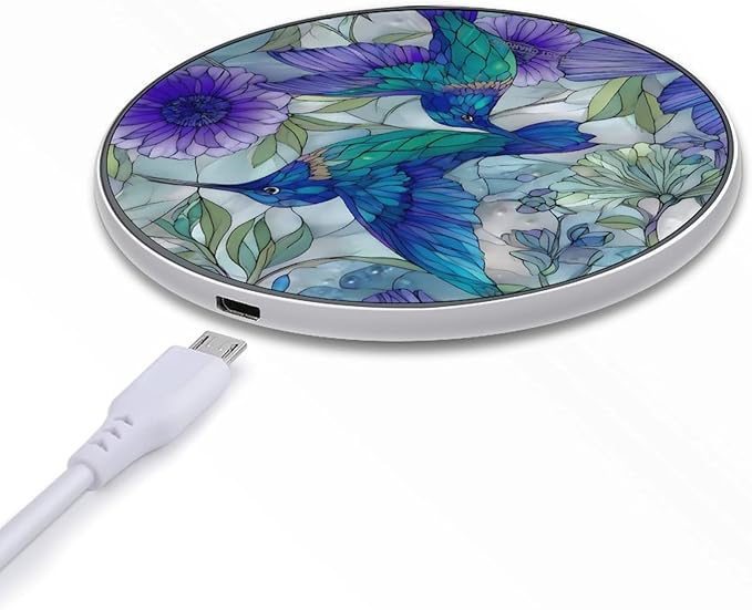 Hummingbirds Stained Glass Flowers Pear Fast Portable Charger 10W Funny Graphic Phone Charging Pad with USB Cable