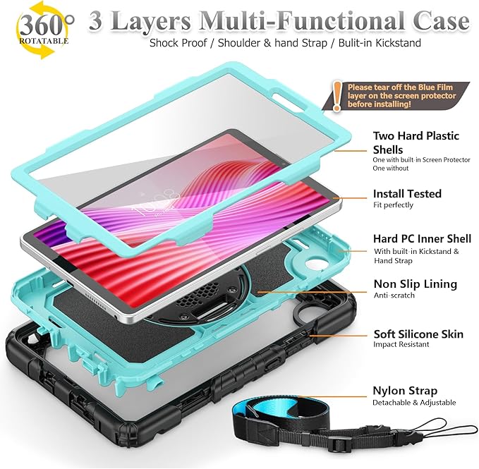 SEYMAC stock Tablet Case for Lenovo Tab One (TB305FU) 8.7 inch Drop-Proof Protection Cover with 360° Rotate Stand &amp Strap [Pen Holder] &amp Screen Protector/K9 2025 SkyBlue+Black