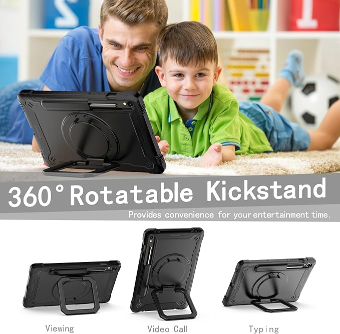 Case for Galaxy Tab S9 FE+/Tab S9+ 12.4 inch Rugged Armor Heavy Duty Hybrid Cover with Adjustable Stand and Handle for Tab S9 Plus 12.4 with Shoulder Strap and S Pen Holder (Black/Black)