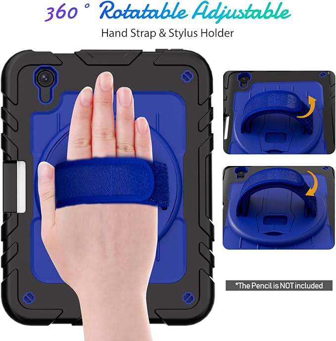 for iPad mini 7 A17 Pro/iPad mini 6 8.3 Inch Case iPad mini 7th/6th Generation Case (2024/2021) with Pencil Holder/Kickstand Hand Strap/Shoulder StrapBlack+Blue