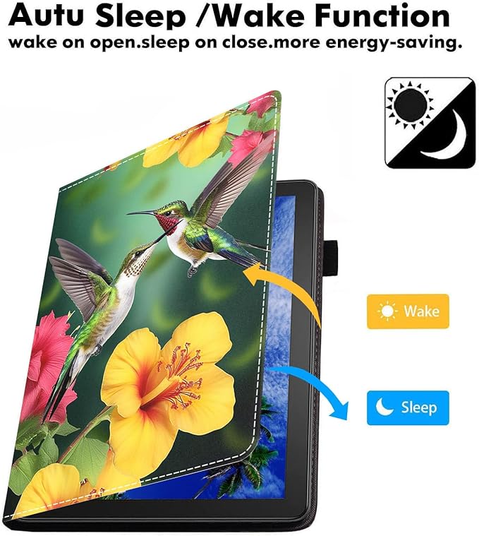 Case for Amazon Kindle Fire 7 Tablet (7 9th/7th Generation 2019/2017 Release) Slim PU Leather Cover with Card Slot &amp Auto Wake/Sleep Hummingbird Flower