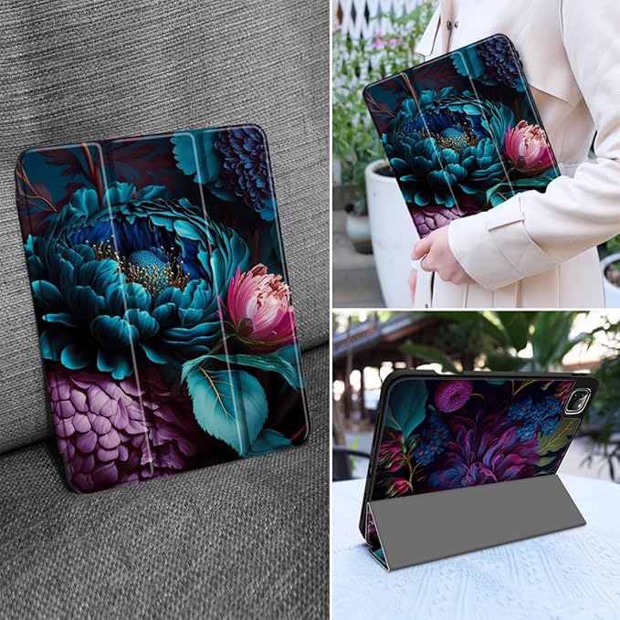 MEEgoodo for iPad Pro M2 12.9 Case 6th/5th/4th/3rd Generation 2022 2021 2020 2018 with Pencil Holder Tablet Cover with TPU Back Shell Beautiful Fantasy Flower