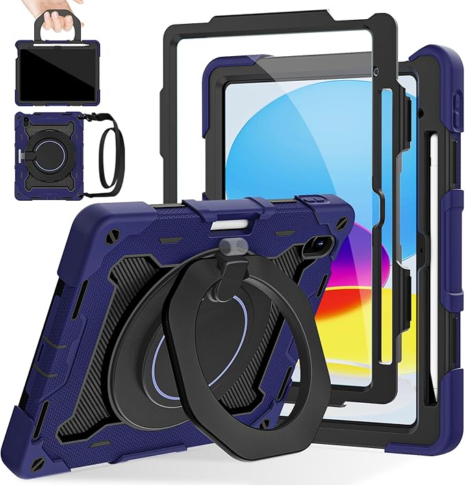 ROISKIN for iPad (A16) 11th/10th Generation Case 2025/2022 (11″/10.9″) Sturdy Heavy Duty Full-Body Shockproof Protective Case with Screen Protector Rotating Stand Handle/Shoulder Strap