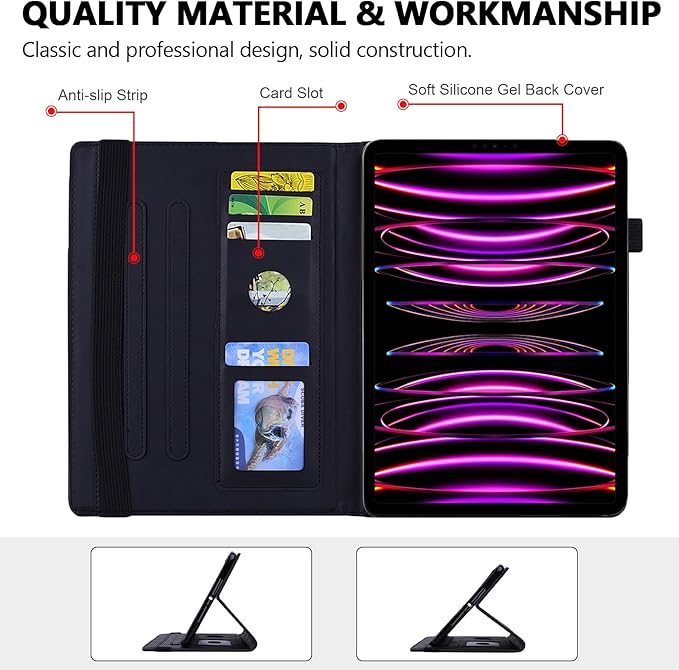 Folio Case for iPad Pro 12.9 2018-2022 iPad Air 13 (2025/2024) Case - Techcircle Stand Mandala Embossed PU Leather Soft Back Protective Cover w/Elastic Strap Card Slots Pencil Holder - Black