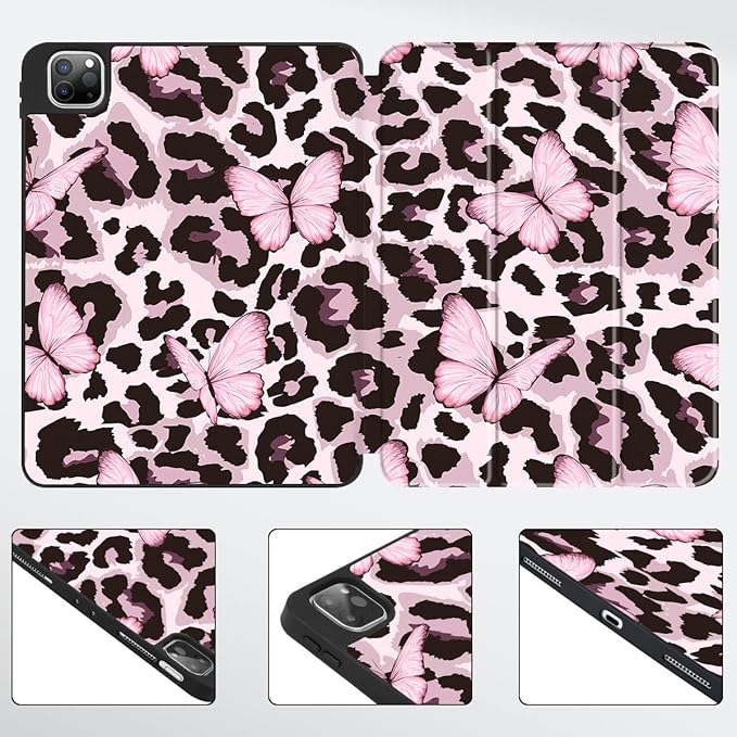 Mektron Case for M5/ M4 iPad Pro 11 inch 2025/2024 with Pencil Holder Compatible Models: A3357/A3358/A3359/A2836/A2837/A3006 Tablet Cover with Soft TPU Back Cover Leopard Pink Butterfly