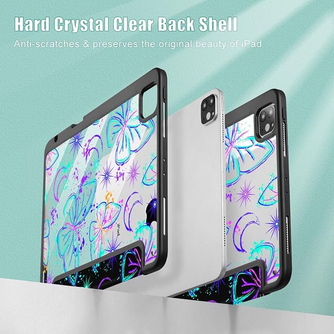 Mektron Case for iPad Pro 11 inch (4th 3rd 2nd &amp 1st Gen) 2022 2021 2020 2018 Buit in Pencil Holder with Shockproof Cover Clear Shell + Trifold Stand + Auto Wake/Sleep Fantasy Butterfly