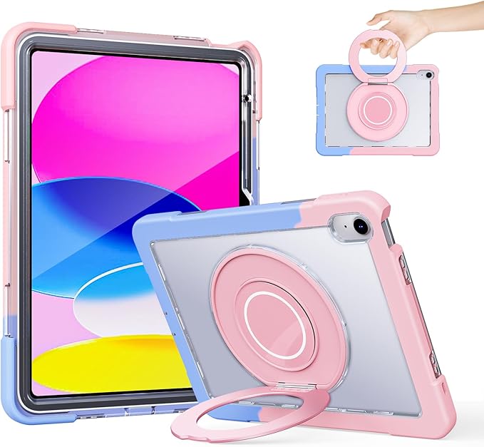 Case for iPad (A16) 11th /10th Generation 11 Inch 2025/10.9 inch 2022with Screen Protector360 Rotating Metal StandClear BackHeavy Duty Shockproof for Kids Case Blue-Pink