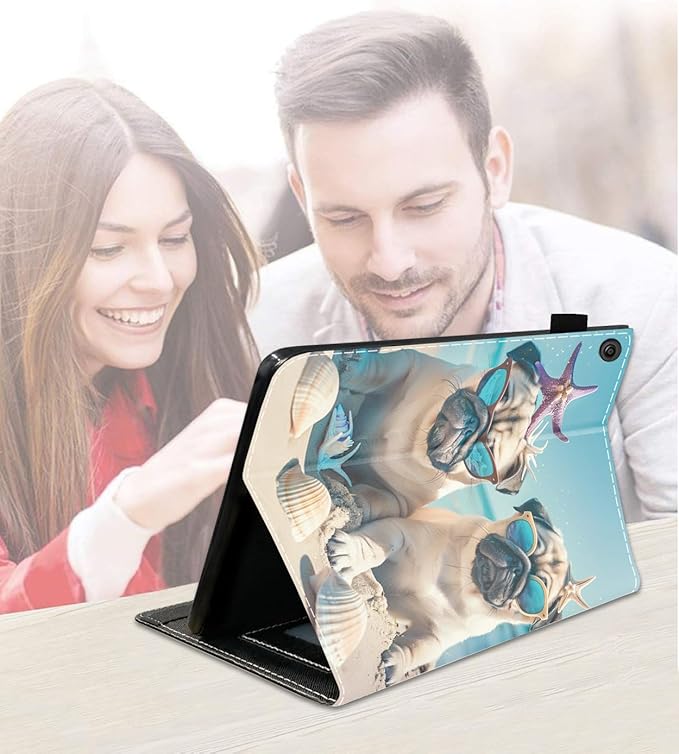 Case for Amazon Kindle Fire 7 Tablet (7 9th/7th Generation 2019/2017 Release) Slim PU Leather Cover with Card Slot &amp Auto Wake/Sleep Cute Pug on The Beach