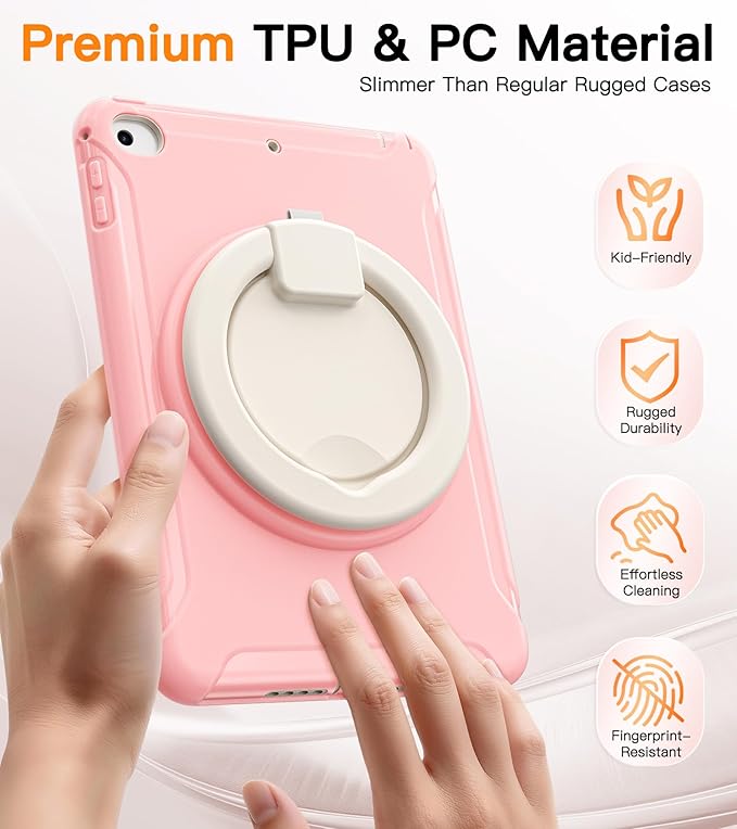 BATYUE Shockproof Case for iPad mini 4/5 (2015/2019) - 360° Multi-Angle Stand (Portrait &amp Landscape) &amp Grip Pencil Holder (Elastic Loop) Multi-Scene for All Ages Pink
