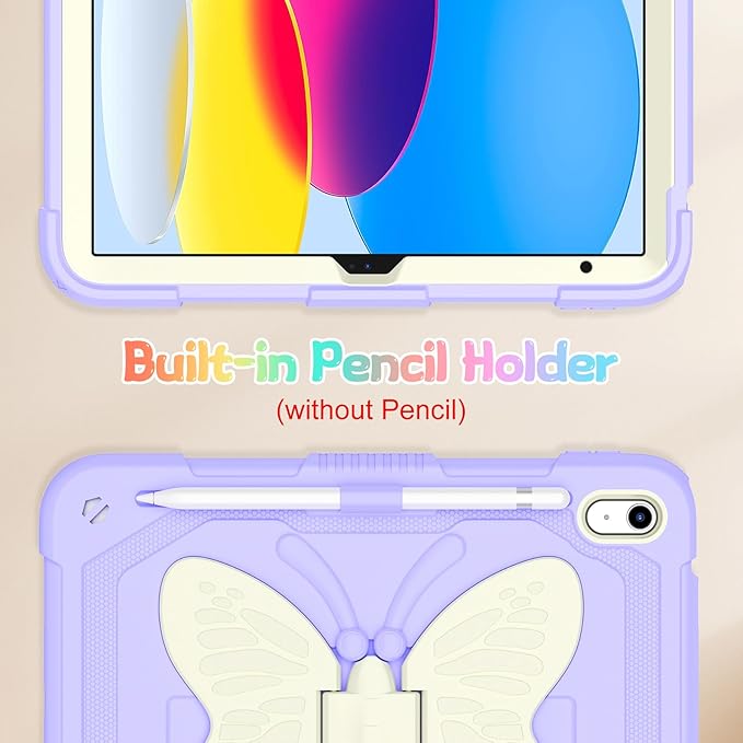 Case for iPad (A16) 11th/10th Generation 2025/2022 11/10.9 for Kids Girls with 9H Tempered Glass Screen Protector Rugged Shockproof Protective with Butterfly Stand Carrying Strap-Purple