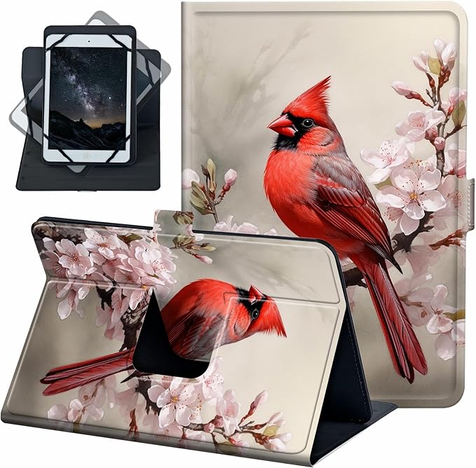 for Universal 10 10.1 Inch Android Tablet Case 360 Degree Rotating PU Leather Stand Folio Cover for iPad 9.7/10.2/10.5/Galaxy Tab 9-10.5/Fire HD10 and More 9.0-10.5 Inch TabletPink Flower Bird