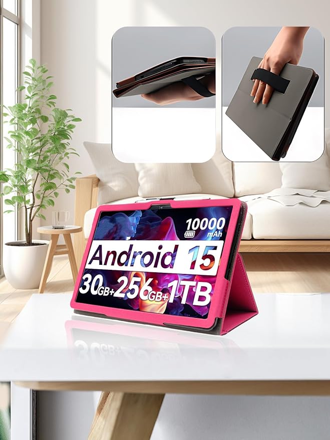 for Urao G140L 2025 14 Inch Android Tablet CaseBOVUGAC Folding Stand Protective Cover with Pencil Holder and Wrist StrapFull Protection Premium PUScratch Resistant(Rose Red)