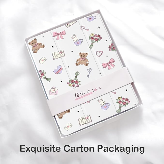 Cute Kawaii Bear Bunny for iPad 5th/6th Generation Case with Pencil Holder Auto Sleep/Wake White Leather Soft TPU Back Cover for iPad 9.7 Inch
