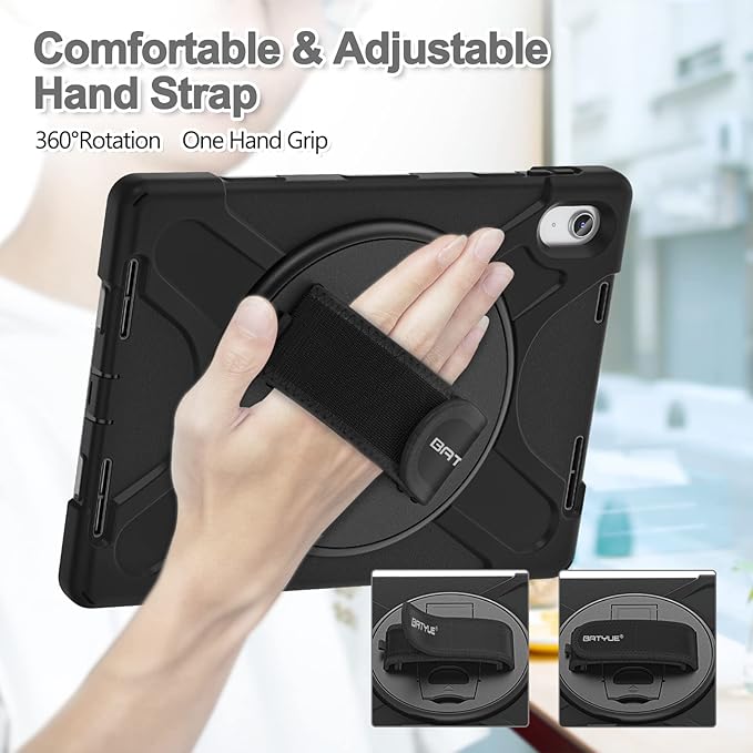 BATYUE Case for iPad (A16) 11th/10th Gen 11''/10.9'' 2025/2022 - Heavy Duty Shockproof Cover with Adjustable Hand Strap 360°Kistand Screen Protector Shoulder Strap &amp Pencil Holder | Black