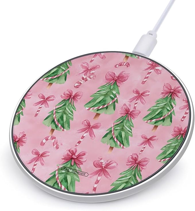 Christmas Tree Candy Canes Bows Phone Charger Magnetic Charging Pad Anti-Slip with USB Cable