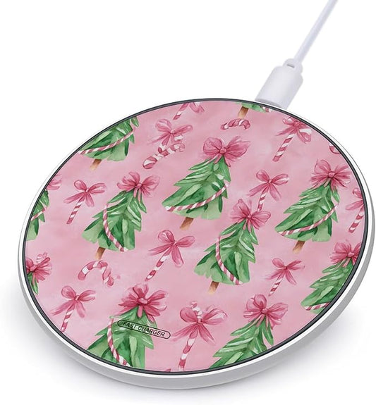 Christmas Tree Candy Canes Bows Phone Charger Magnetic Charging Pad Anti-Slip with USB Cable