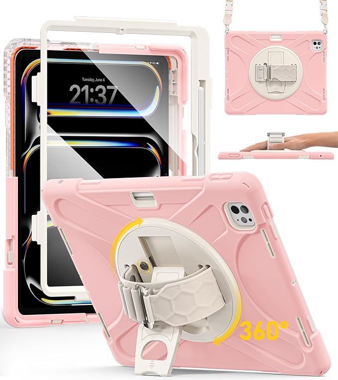 BRAECN for iPad Pro 13 inch Case M5 2025 &amp M4 2024 Heavy Duty Shockproof Protective with Pencil Holder Screen Protector 360°Rotating Stand Handle &amp Shoulder Strap Full Body Cover Kids Friendly