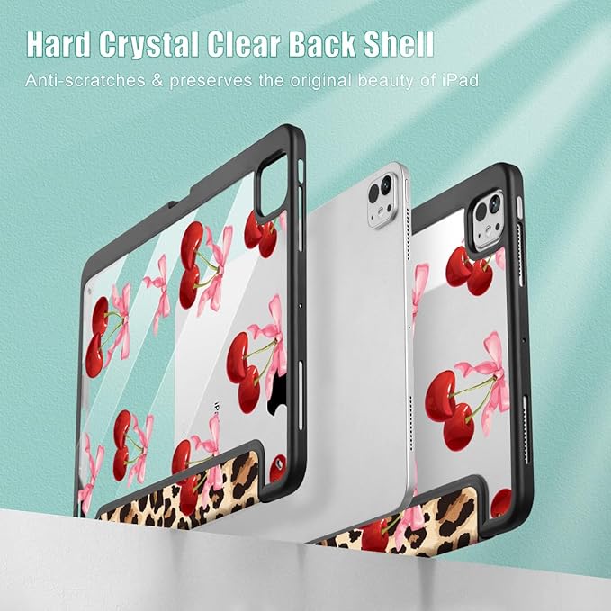 May Chen Case for iPad Pro 11-Inch M5/M4 2025/2024 (6th/5th Generation) [Penceil Holder] Trifold Stand Auto Wake/Sleep Clear TPU Protection Back Cover Cherry &amp Cheetah