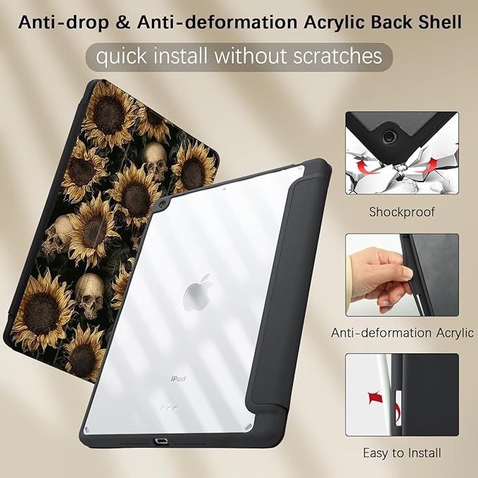 Cute Sunflowers Case for 10.9 Inch Ipad 10Th Retro GIlry Floral Cover for Ipad Black Shell with Clear Transparent Back Auto Sleep/Wake Shockproof with Pencil Holder(Girls Women)