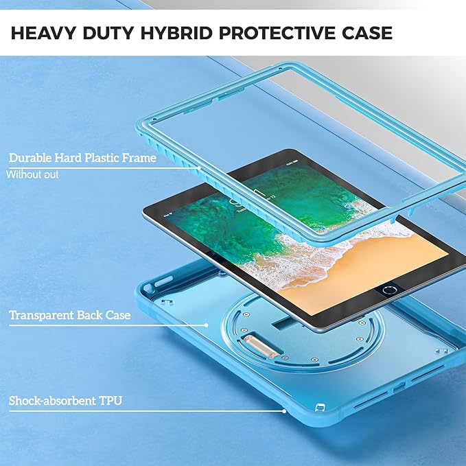ProCase Rugged Case for iPad 9.7 Inch 5th 6th Gen/iPad Air 2 / iPad Pro 9.7 Case Heavy Duty Shockproof Rugged Cover with Hand Strap 360 Degree Rotatable Kickstand Protective for iPad 9.7 -Blue