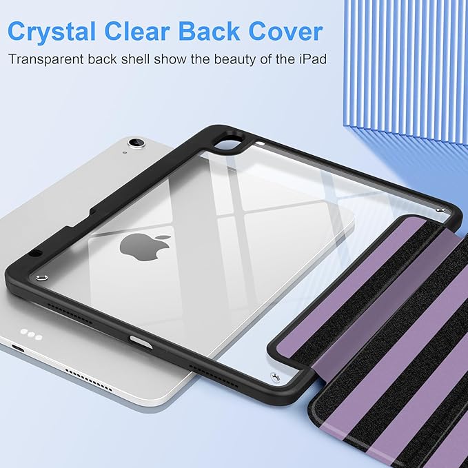 DONGKE Case for iPad Air 11-inch M4 2026 &amp M3 2025 &amp M2 2024 iPad Air 5th/4th Generation 10.9 2022/2020 [Built-in Pencil Holder] Clear Acrylic Back Trifold Stand Smart Cover Purple Stripes