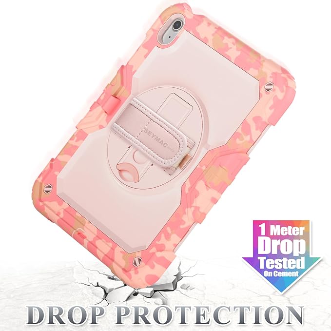 SEYMAC stock Case for iPad (A16) 11th/10th Generation 11''/10.9'' 2025/2022 Full-Body Drop Protection Case with Screen Protector &amp360° Rotate Hand Strap/Stand Camo Pink