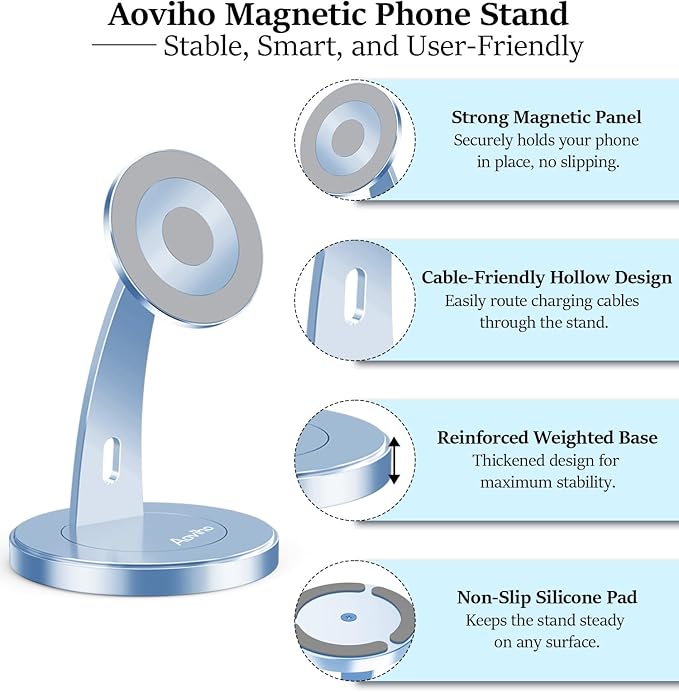 Magnetic Phone Stand for Desk – 360° Rotating Aluminum Phone Holder Stable Desk Stand for Office Home &amp Kitchen Compatible with iPhone 17 Pro Max 16–12 Series and MagSafe Cases Sky Blue