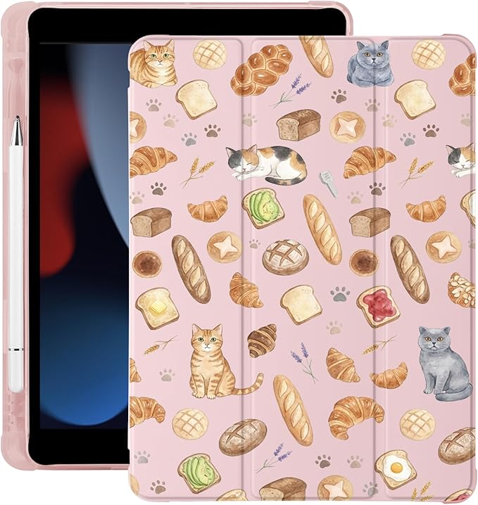 Cute Kawaii Cat Bread for iPad Air 13 Inch Case M3 2025/M2 2024 with Pencil Holder Auto Sleep/Wake Pink Leather Soft TPU Back Cover