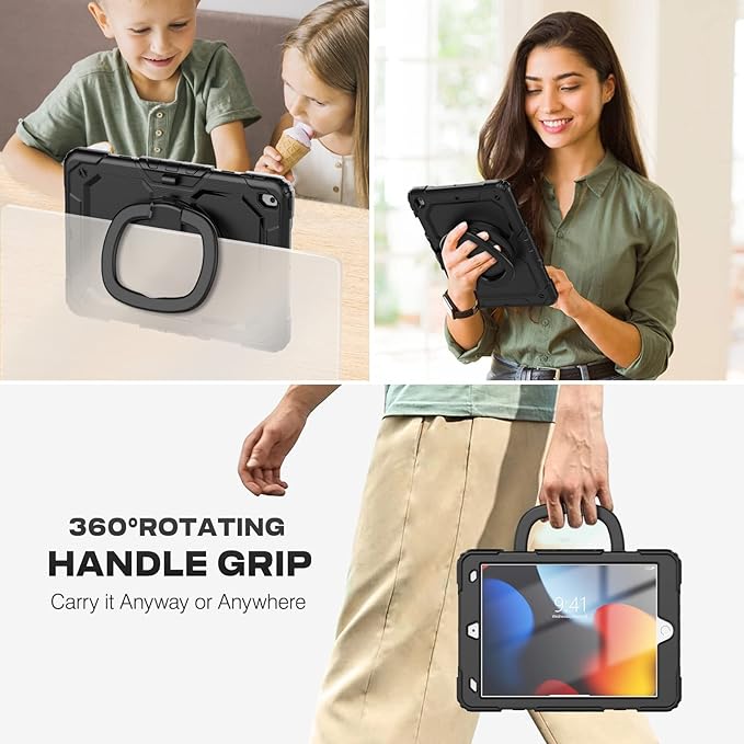 SEYMAC stock Shockproof Tablet Case for iPad 9th/8th/7th Generation 10.2 inch Full-Body Drop Protection Case with Pencil Holder &amp [360 Ring Handle Stand] Screen Protector (Black)