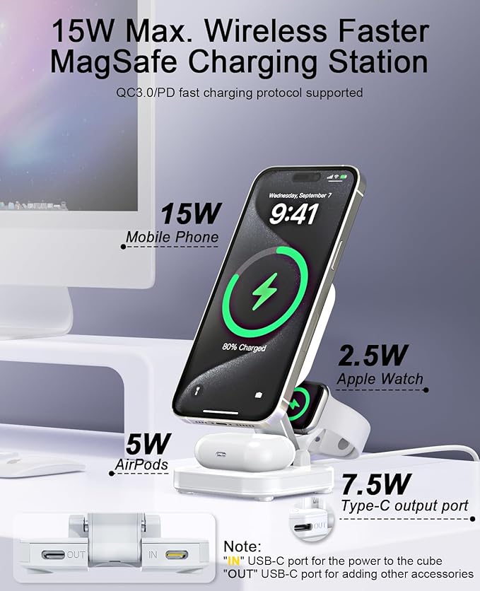 5-in-1 Magnetic Wireless Charging Stand for Apple MagSafe Charger with Night Light for iPhone 17/16/15/14/13/12 Watch AirPods Travel Magnetic Charger Nightstand Charging Station (Adapter Included)